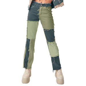 Green Patchwork High Waist Jeans Distressed Hem Women’s Size Small